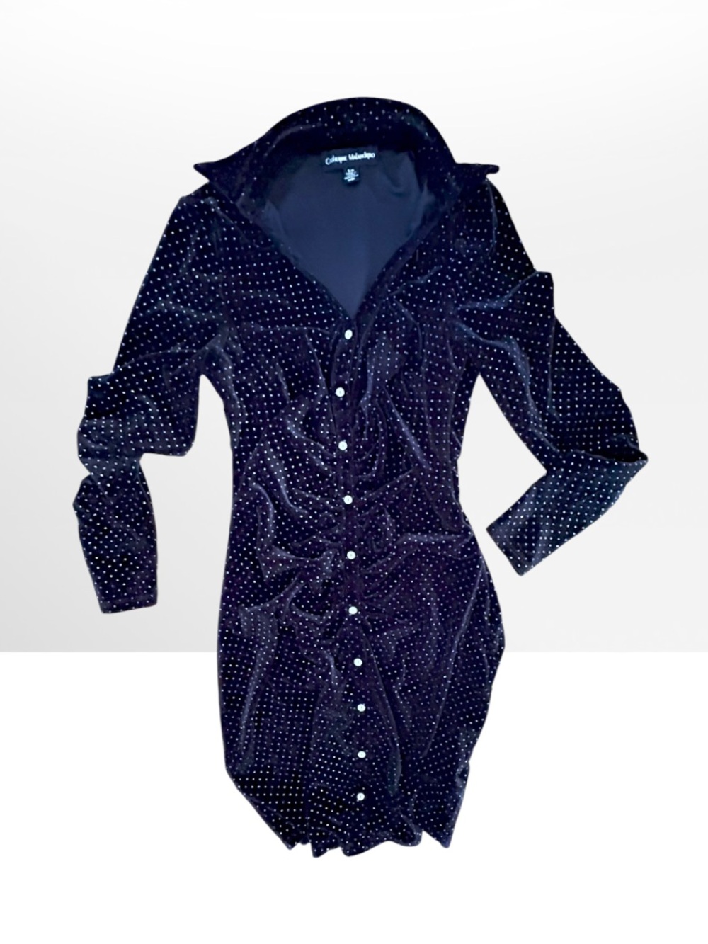 Catherine Malandrino Black Velvet Sparkle Mini Dress Ruched Button Up SP